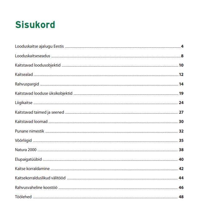looduskaitse mapp sisukord