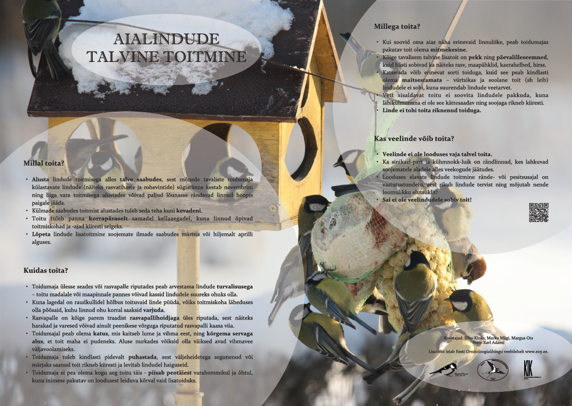 Taustal lindude toidumaja ja tihased rasvapalli söömas, esiplaanil tekstid.