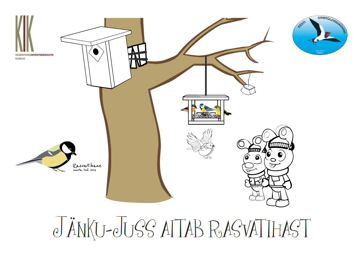 Joonistatud pilt, kus vasakul on rasvatihane, keskel puu lindude pesakasti ja toidumajaga, paremal Jänku-Juss ja Jass.