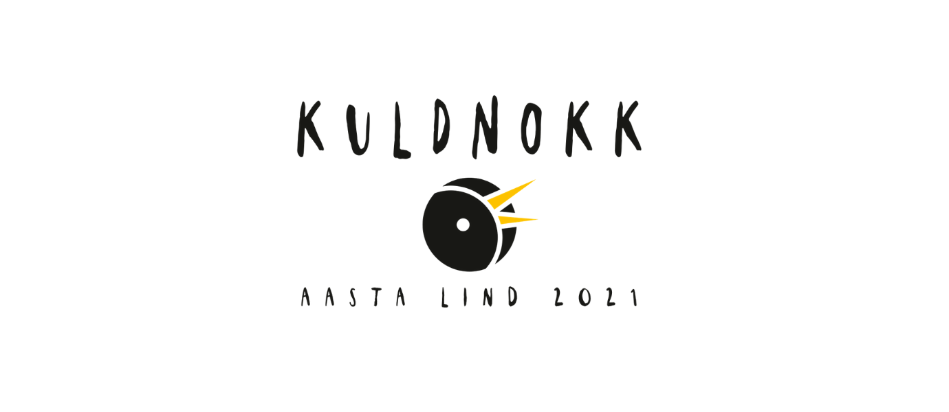 Valgel taustal joonistatud kuldnoka pea, nokk lahti.