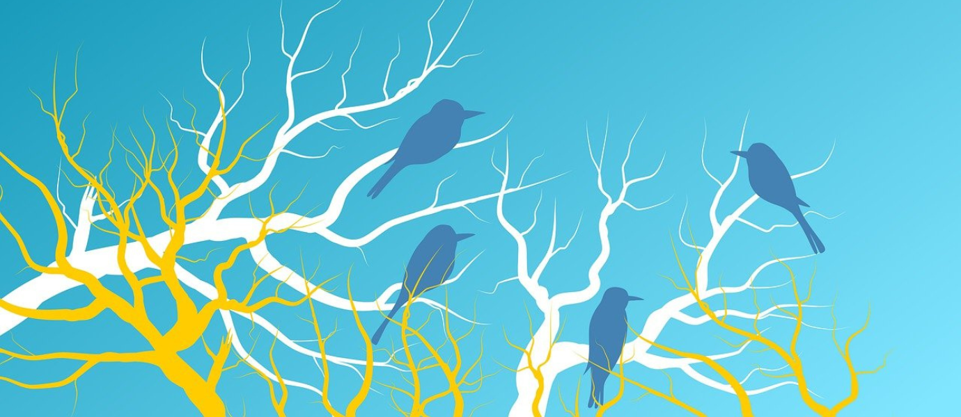 Helesinisel taustal on kujutatud valgeid ja kollaseid raagus puuoksi, millel istub neli sinist värvi lindu.