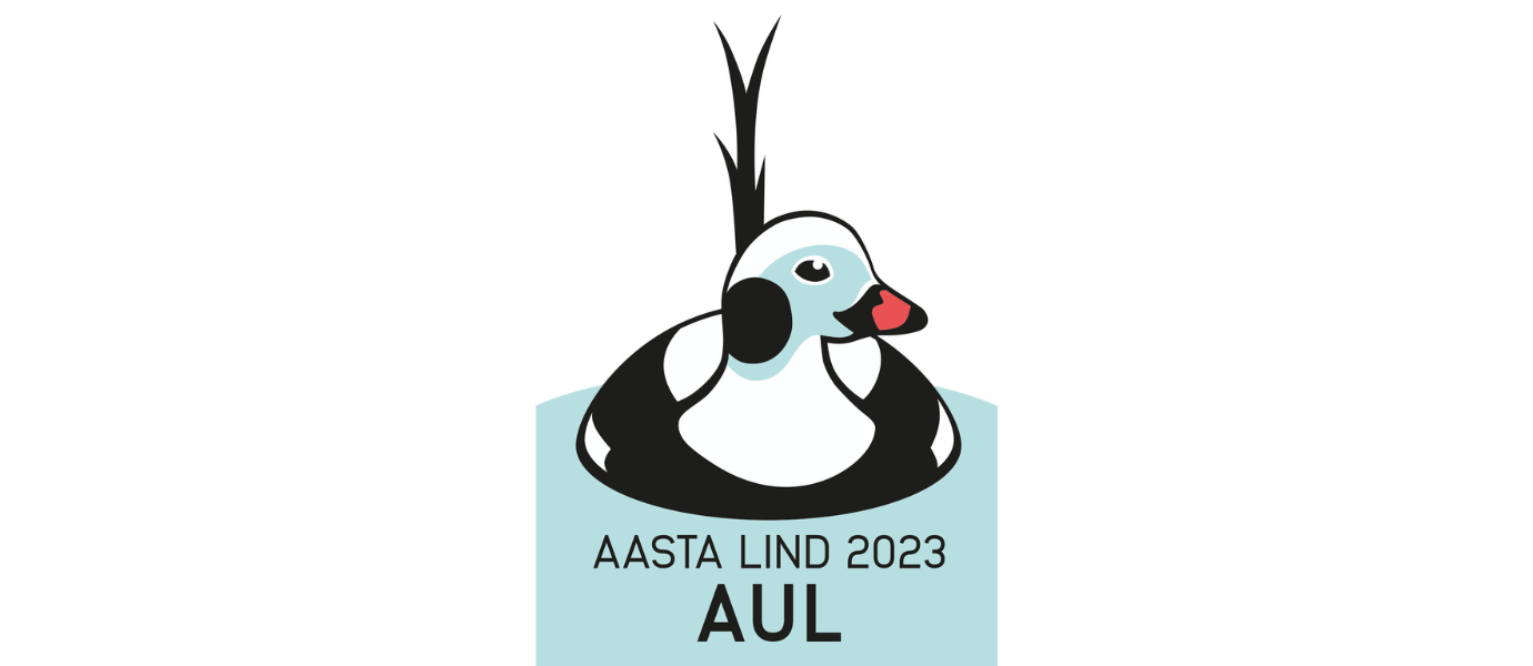 Valgel taustal on aasta lind 2023 logo. Logol on kujutatud otsevaates vees olevat auli, kes vaatab paremale poole.