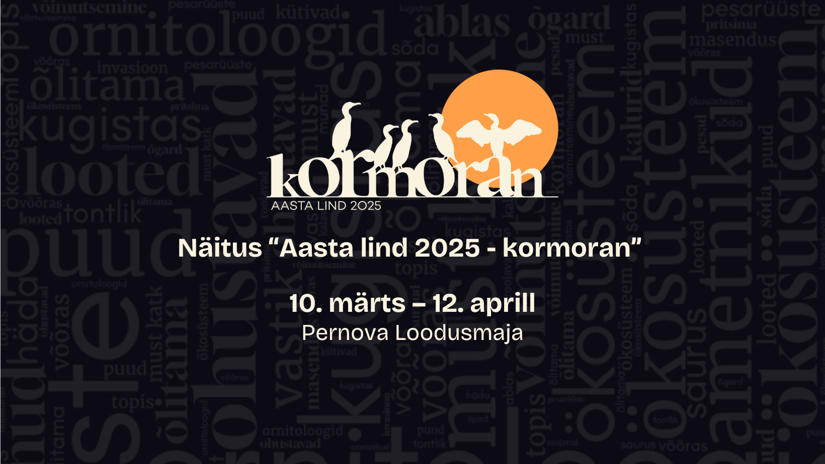 Mustal taustal on sõnapilv, värviline aasta linnu logo ja tekstid