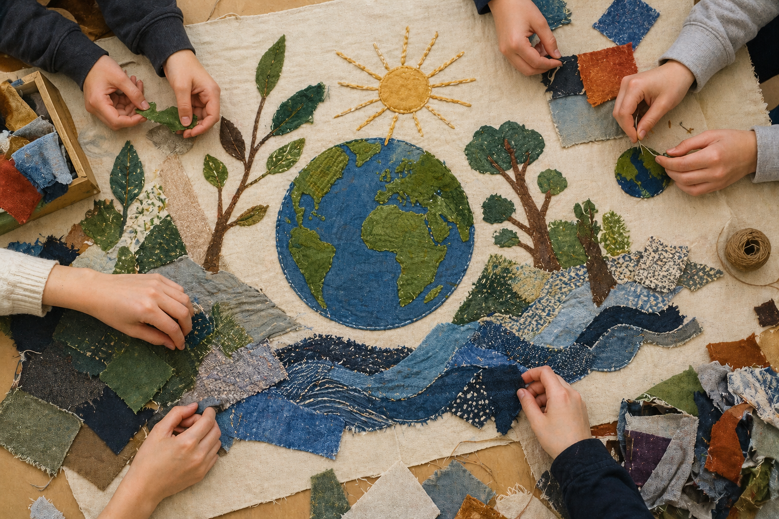 Õpilaste käed loovad laual tekstiilijääkidest ühist keskkonnateemalist kollaaži, mille keskel on tekstiilist Maa ning ümber puud, päike ja veevool.