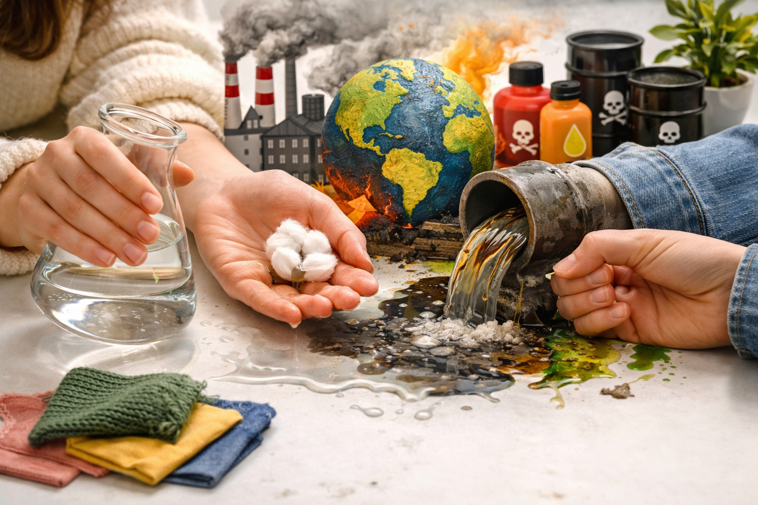 Lähivaade kätest, mis kujutavad tekstiilitootmise mõju keskkonnale: ühes käes on puuvill ja puhas vesi, teises voolab torust saastunud vedelik; taustal on Maa, suitsu paiskavad tehased ja kemikaalinõud.