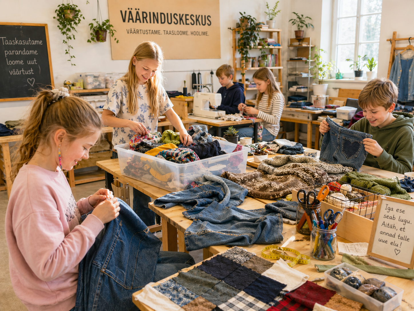 Foto, kus on näha õppekeskkond, tekstiilimaterjalid, töövahendid ning õppijad tekstiile uurimas, sorteerimas, parandamas või loovalt ümber kujundamas.
