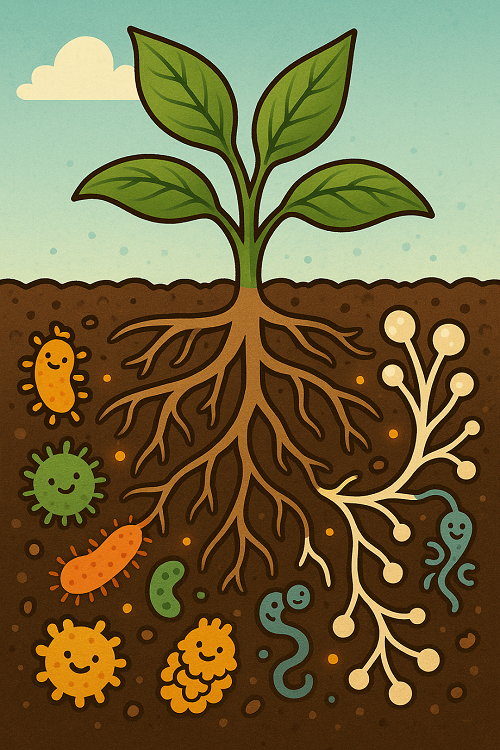 illustratsioon taimest, juurte ümber sümbioosis olevad organismid