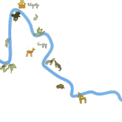 Joonistatud kaart, kus lookleva jõe kõrval on erinevate loomade kujutised.