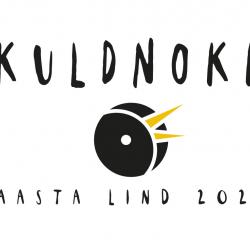 Valgel taustal must tekst ja kollase nokaga musta värvi linnu peasiluett