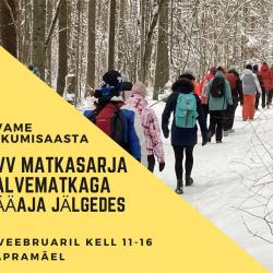 VVV matkasarja avamatka kuulutus, matkajad lumises metsas