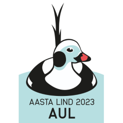 Valgel taustal on aasta lind 2023 logo. Logol on kujutatud otsevaates vees olevat auli, kes vaatab paremale poole.