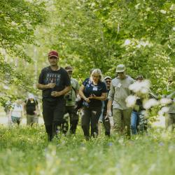 inimesed matkavad puisniidul